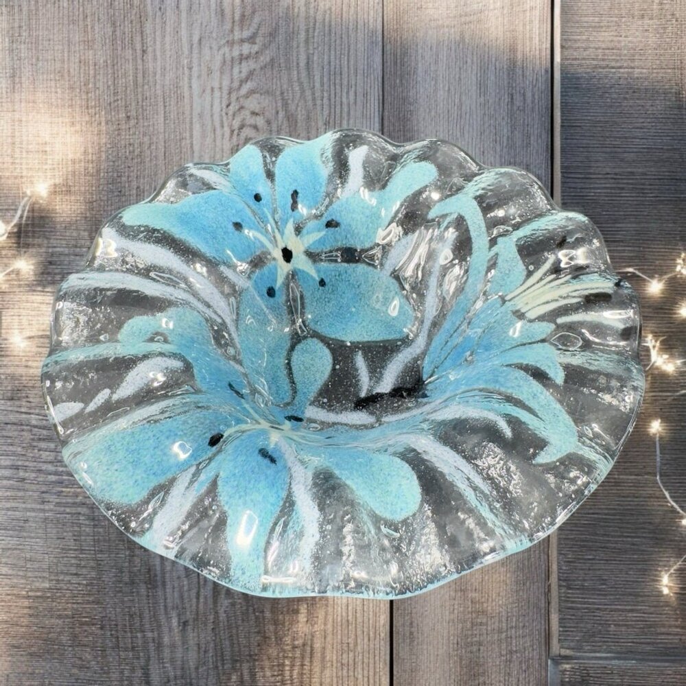 Sydenstricker Bowl Dish Fused Art Glass Ruffled‎ Bowl Clear Blue Flowers Signed